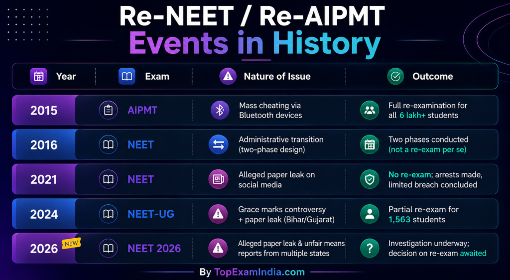 Modern infographic titled “Re-NEET / Re-AIPMT Events in History” on a dark blue neon-gradient background. The design features a futuristic table timeline with glowing purple, blue, and teal accents. Rows summarize major Indian medical entrance exam controversies: 2015 AIPMT mass cheating via Bluetooth devices leading to full re-exam; 2016 NEET administrative two-phase transition; 2021 NEET alleged paper leak with no re-exam; 2024 NEET-UG grace marks and paper leak controversy causing partial re-exam; and a highlighted 2026 NEET entry marked “NEW,” mentioning alleged paper leak and unfair means reports with investigation underway. Footer credit reads “By TopExamIndia.com.”